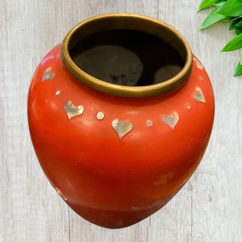 Vintage Brass Enamel Vase Mother Of Pearl Inlay Hearts Peacock